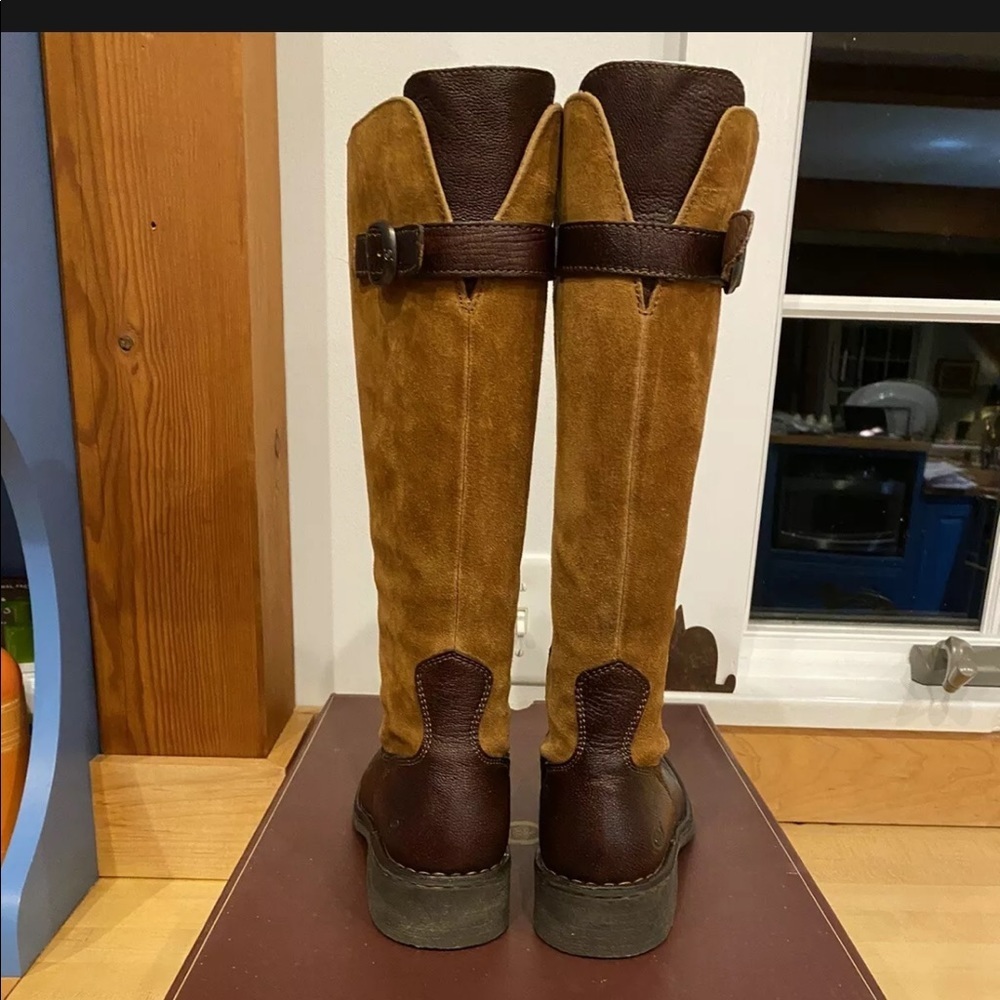 Born Crown “Beret” tall boots - tan suede with dark brown leather foot MSRP $355 - Picture 4 of 5